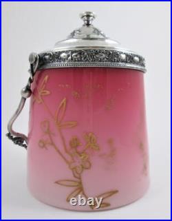 Antique PEACHBLOW Art Glass BISCUIT JAR GOLD decorated New England Glass