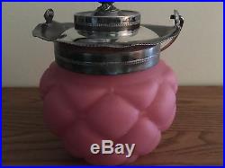 Antique Pink Satin Glass Biscuit Jar with Lid and Handle 10.5