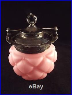 Antique Pink Satin Glass Biscuit Jar with Lid and Handle 10.5