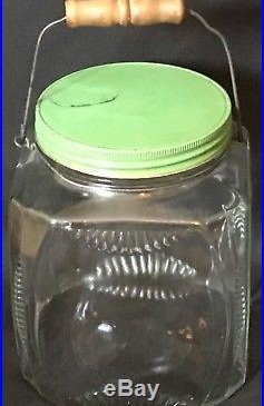Antique Primitive Country Art Deco Glass Jar Bottle Wire Wood Bale Handle G Lid
