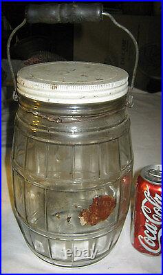 Antique Primitive Country Kitchen Glass Peanut Keg Barrel Pickle Hoosier Art Jar