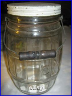 Antique Primitive Country Kitchen Glass Peanut Keg Barrel Pickle Hoosier Art Jar