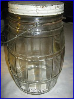 Antique Primitive Country Kitchen Glass Peanut Keg Barrel Pickle Hoosier Art Jar