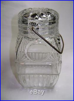Antique Primitive Early Fruit Jar with Glass Lid & Bale Handle Geometric Design