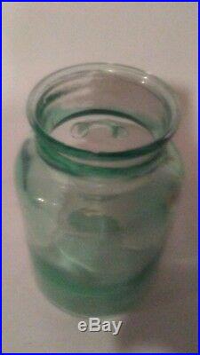 Antique Primitive Green Emerald Glow Glass Canning Mason Jar with handle