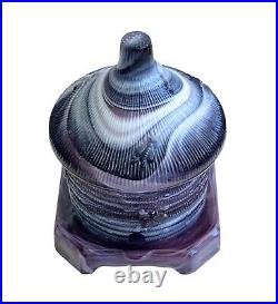 Antique Purple Slag / Malachite Glass Honey Pot Bee Pattern