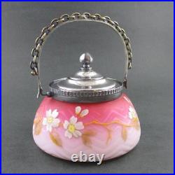 Antique SWEETMEAT biscuit JAR Cased PINK SATIN art glass MOP withEnamel Décor