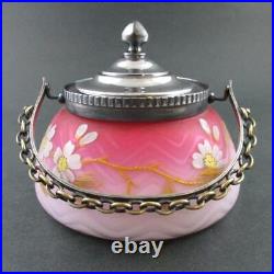 Antique SWEETMEAT biscuit JAR Cased PINK SATIN art glass MOP withEnamel Décor