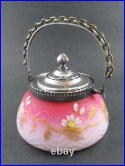 Antique SWEETMEAT biscuit JAR Cased PINK SATIN art glass MOP withEnamel Décor