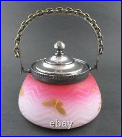 Antique SWEETMEAT biscuit JAR Cased PINK SATIN art glass MOP withEnamel Décor