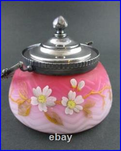 Antique SWEETMEAT biscuit JAR Cased PINK SATIN art glass MOP withEnamel Décor