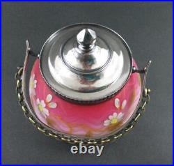 Antique SWEETMEAT biscuit JAR Cased PINK SATIN art glass MOP withEnamel Décor