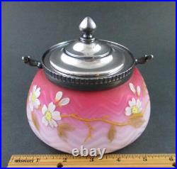 Antique SWEETMEAT biscuit JAR Cased PINK SATIN art glass MOP withEnamel Décor