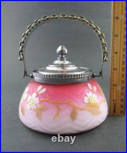 Antique SWEETMEAT biscuit JAR Cased PINK SATIN art glass MOP withEnamel Décor