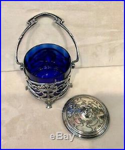 Antique Silver Plate Art Nouveau Cobalt Glass Insert Handle Jar With LID