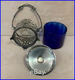 Antique Silver Plate Art Nouveau Cobalt Glass Insert Handle Jar With LID