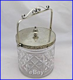 Antique Silver Plate & Cut Glass Biscuit Barrel or Cookie Jar With Swing Handle