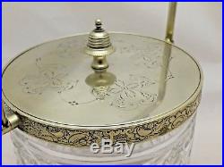 Antique Silver Plate & Cut Glass Biscuit Barrel or Cookie Jar With Swing Handle