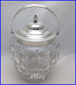 Antique Solid Silver & Cut Glass Biscuit Barrel or Cookie Jar with Swing Handle