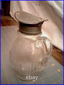 Antique Syrup Jar Pitcher Hinged Metal Lid with Hand Blown Handle