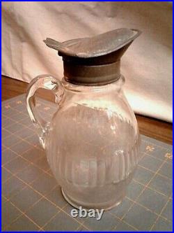 Antique Syrup Jar Pitcher Hinged Metal Lid with Hand Blown Handle