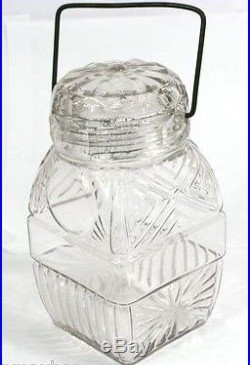Antique Threaded Glass Jar with Metal Wire Handle Ornate Style
