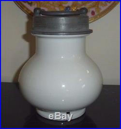 Antique Unique White Ironstone Jar with Heavy Handled Pewter Screw Top Lid