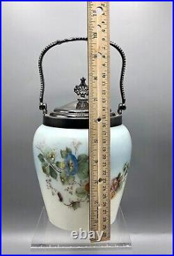 Antique Van Bergh Quad Plate Biscuit Jar/ Barrel Satin Robins Egg Blue Glass /b