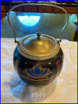 Antique Vibrant Floral Glass Biscuit Barrel Cracker Canister Cookie Jar EP