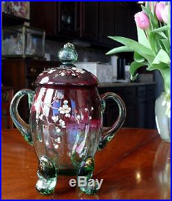 Antique Victorian Art Glass Decorated Rubina Verde Footed, Handled 9-1/2 Jar