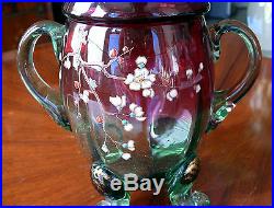 Antique Victorian Art Glass Decorated Rubina Verde Footed, Handled 9-1/2 Jar