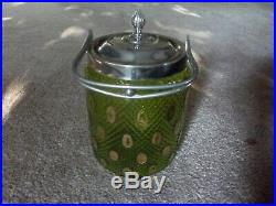 Antique Victorian Biscuit Barrel Lid metal handle green diamond point glass gold