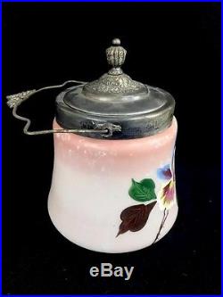 Antique Victorian Bristol Art Glass Biscuit Barrel Jar Silverplated Lid Handle