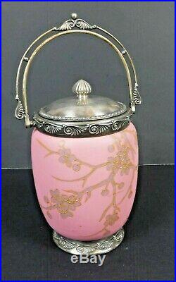 Antique Victorian Cased Peachblow Glass Biscuit Jar Metal Lidded Footed Handled