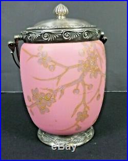 Antique Victorian Cased Peachblow Glass Biscuit Jar Metal Lidded Footed Handled