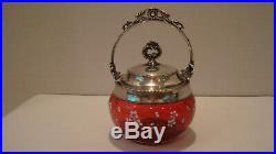Antique Victorian Cranberry Glass Jam Jar Enamel Flowers Silver Plate Lid/Handle