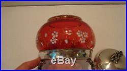 Antique Victorian Cranberry Glass Jam Jar Enamel Flowers Silver Plate Lid/Handle