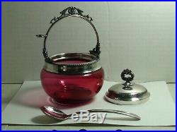 Antique Victorian Cranberry Marmalade Jam Glass Jar Silver plate Lid & Handle