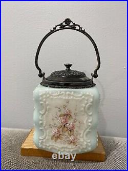 Antique Victorian Era Likely Wavecrest Glass Biscuit Jar with Floral Decoration