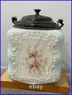 Antique Victorian Era Likely Wavecrest Glass Biscuit Jar with Floral Decoration