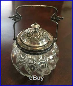 Antique Victorian Large Jelly Condiment Mustard Jar Silver Plated Lid and Handle