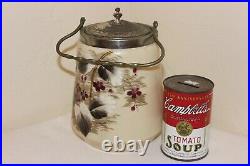 Antique Victorian Pickle Biscuit Jar, Hand Painted Custard Glass, Lid & Handle