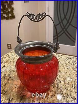 Antique Victorian Ruby Red Ribbed Art Glass with Ornate Metal Handle Jar Bucket