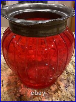 Antique Victorian Ruby Red Ribbed Art Glass with Ornate Metal Handle Jar Bucket
