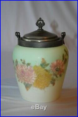 Antique Victorian Satin Wavecrest Glass Bisquit Jar with Handle Painted Flowers