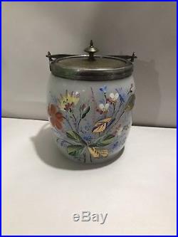 Antique Victorian Silver Plated Handle & Top Clay Broth Glass Biscuit Jar HP