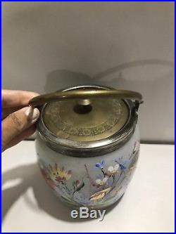 Antique Victorian Silver Plated Handle & Top Clay Broth Glass Biscuit Jar HP