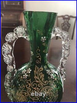 Antique Victorian Two Handled Green Glass Vase Enamel Flowers Gilded 10.5