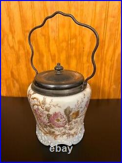 Antique Victorian Wavecrest satin glass biscuit jar with metal lid & handle
