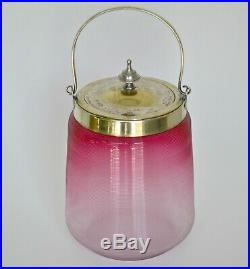 Antique Victorian cranberry threaded glass biscuit jar barrel handle lid metal